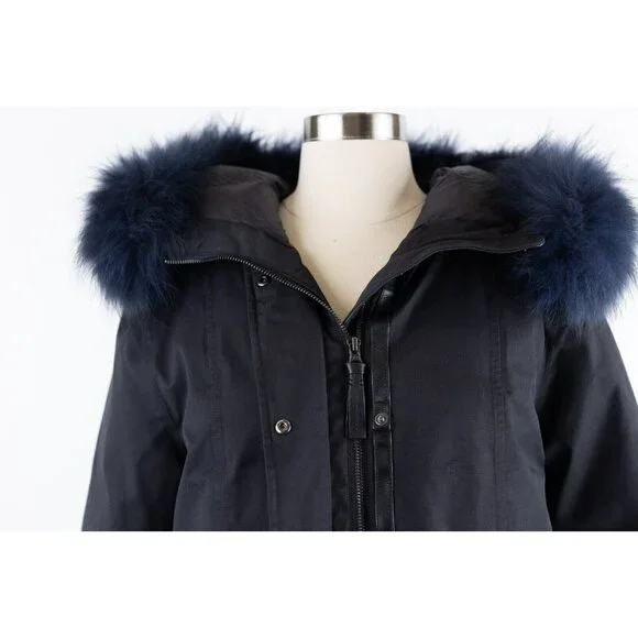$1,250 Mackage Women's Rena Twill Down Parka Fox Fur Hood SZ L/G Black